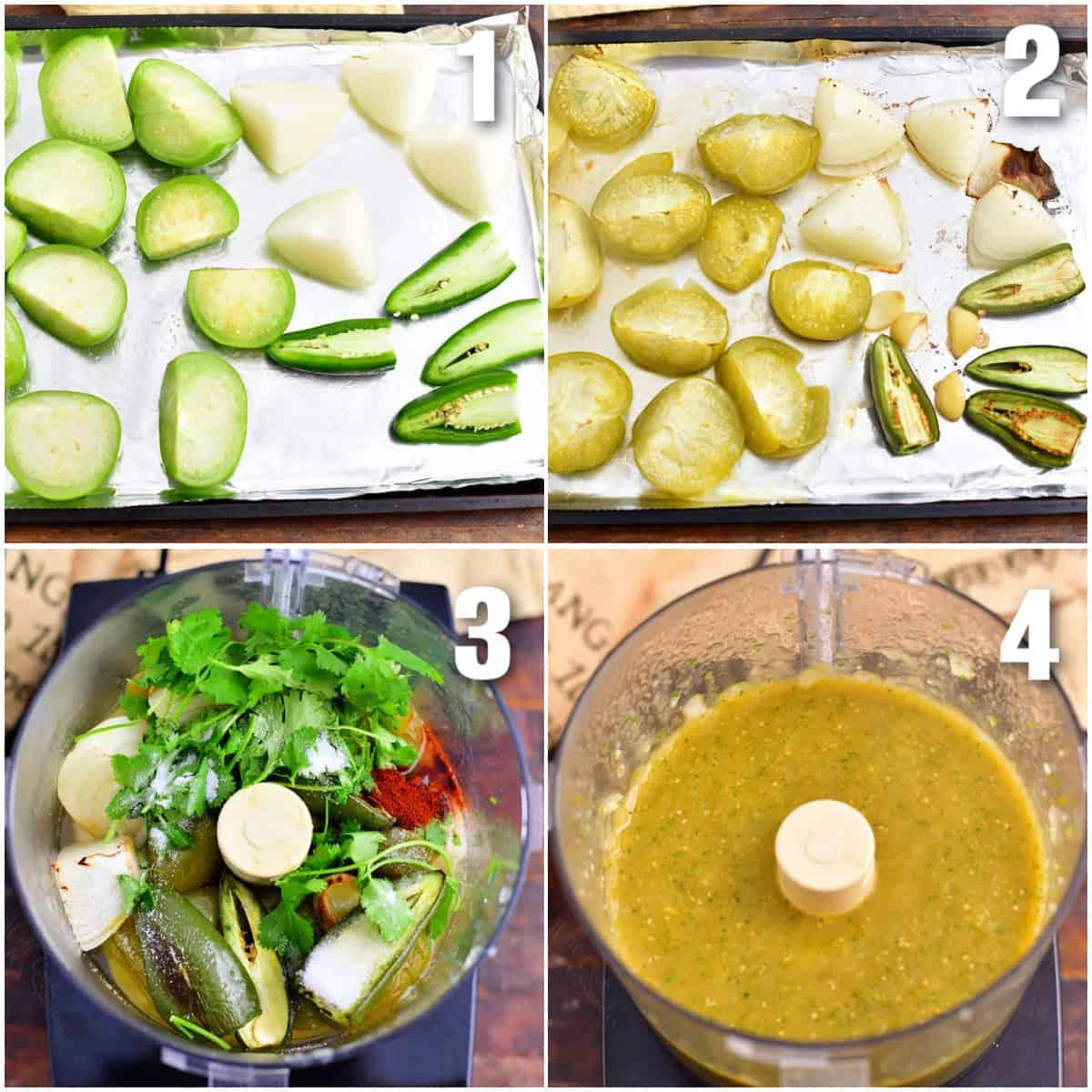 collage of four images of steps to make salsa verde sauce, roasted veggies on a baking sheet and then ingredients in a blender.