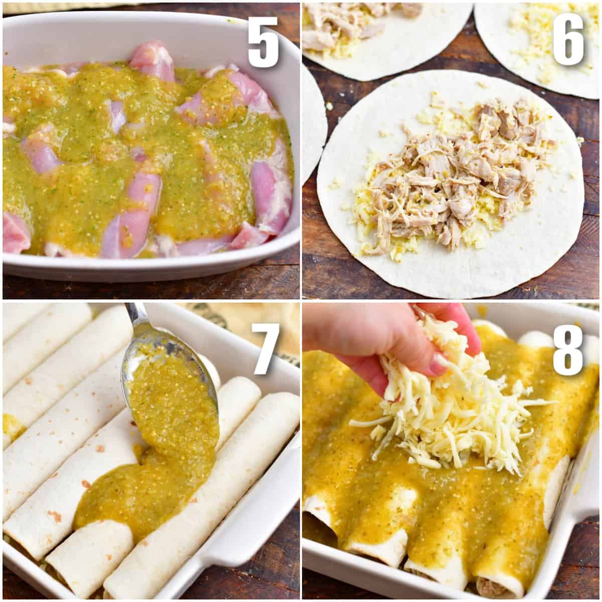collage of four images of cooking salsa verde chicken then filling tortillas for enchiladas and topping rolled enchiladas.