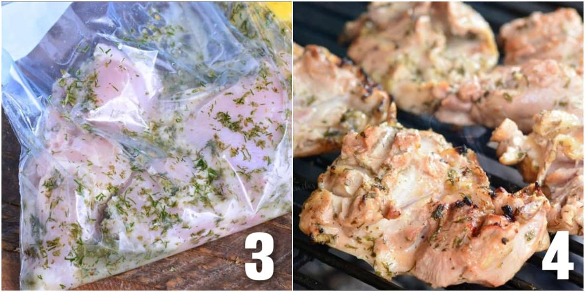 collage of two images of chicken marinating and cooking on the grill.