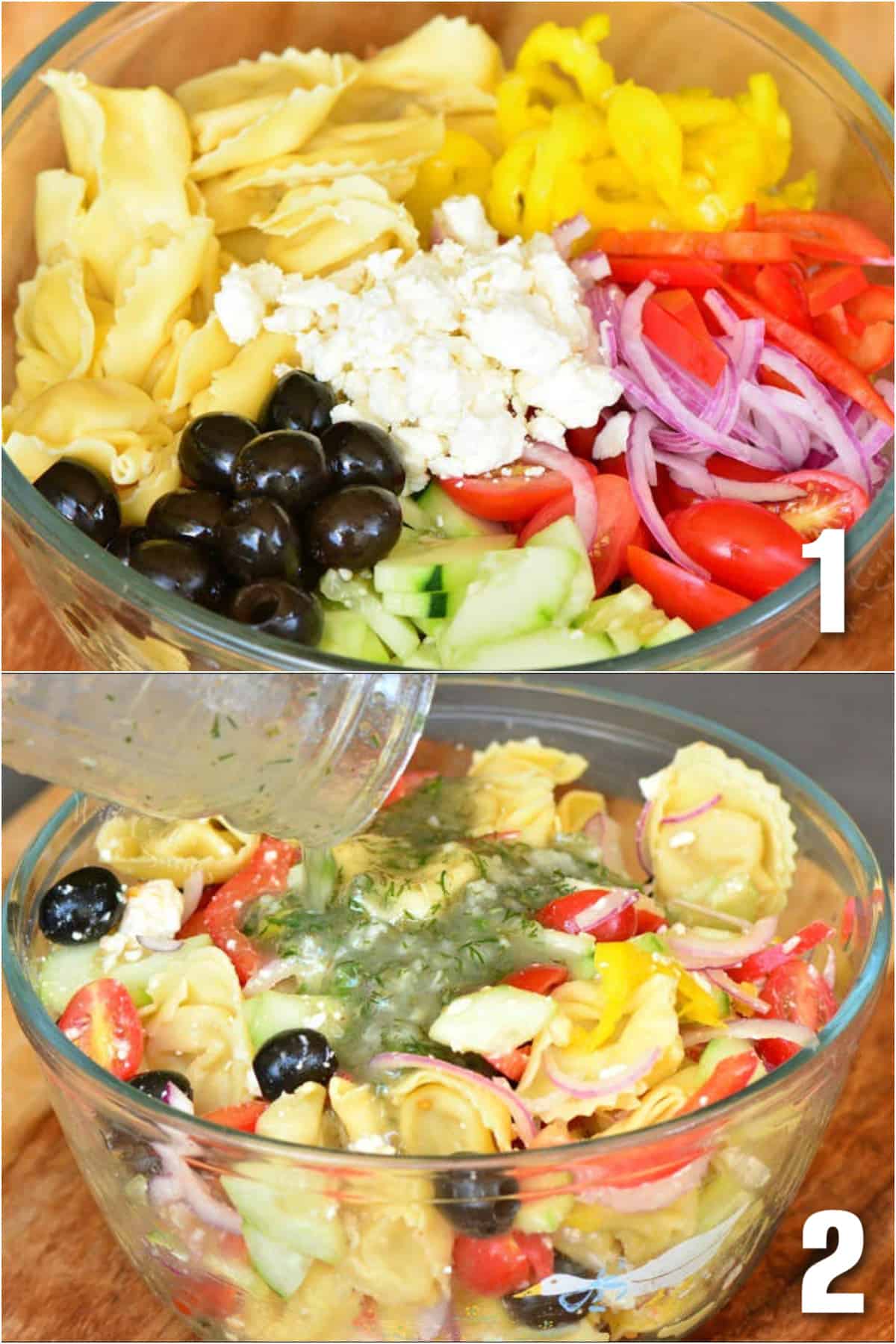 collage of two images of ingredients for Greek tortellini salad in a bowl and adding dressing.