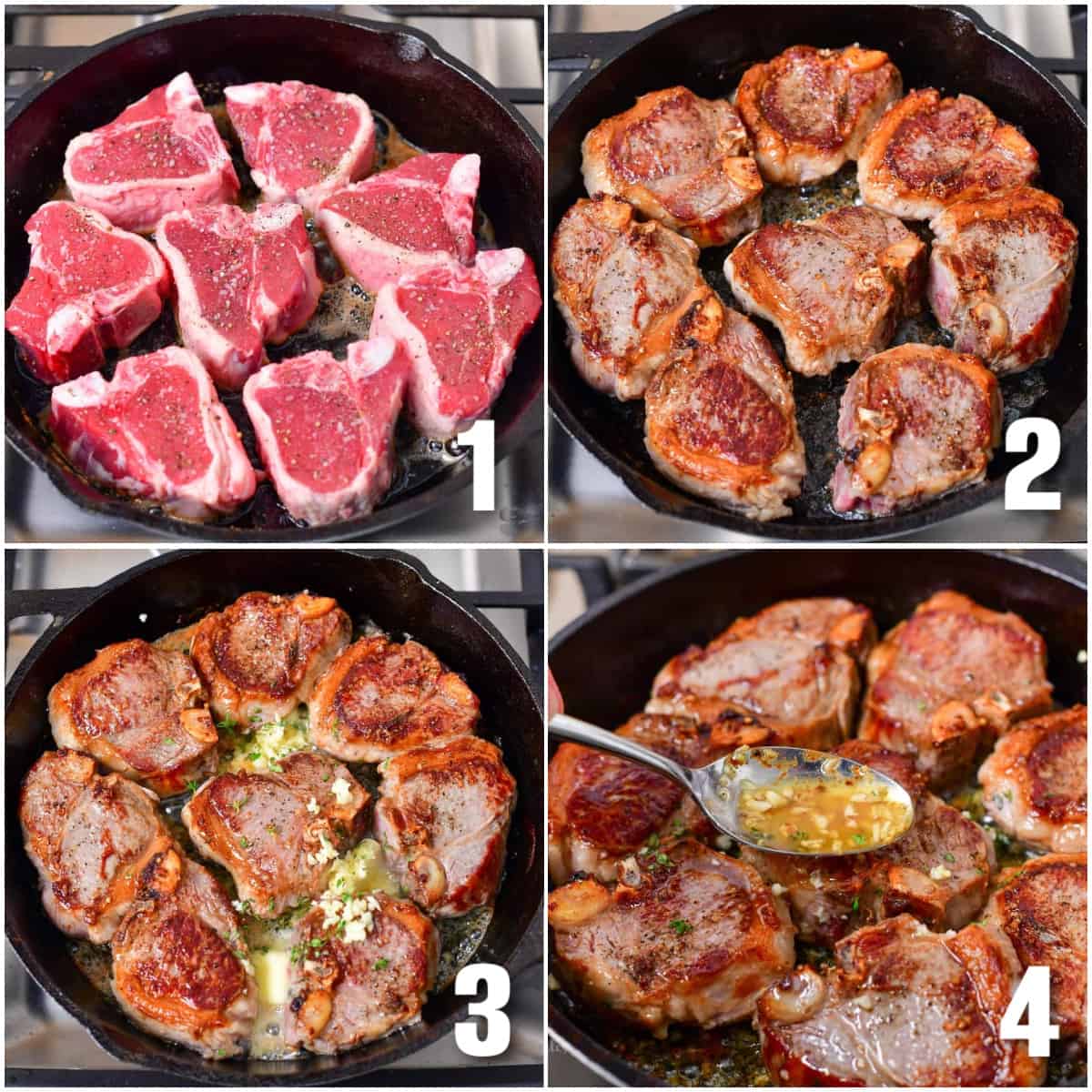 collage of four images of steps to sear the lamb chops in the skillet and adding flavor ingredients.