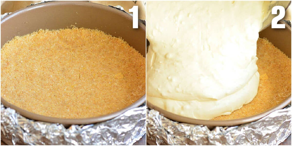 collage of two images of crust in a spiniform and pouring cheesecake batter in.