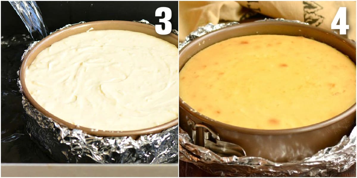 collage of two images of pouring the water into roasting pan with cheesecake and baked cheesecake.