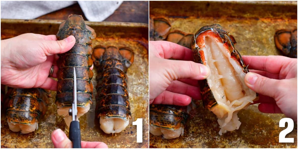 collage of two images of cutting through the lobster tail shell and opening it.