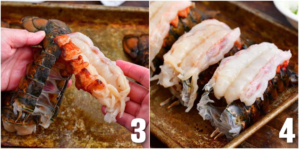 collage of two images of pulling out the lobster meat and several lobster tails with meat on top.