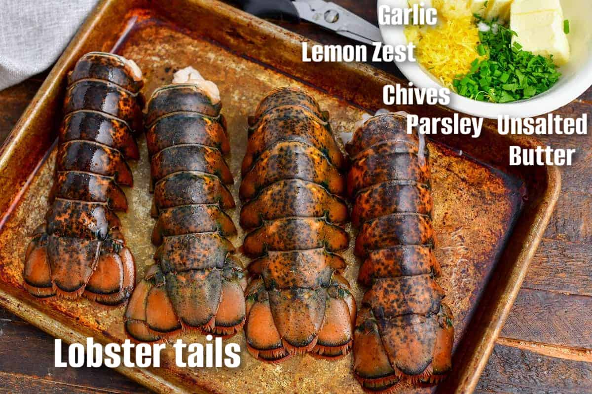labeled ingredients to make lobster tails on the sheet tray.