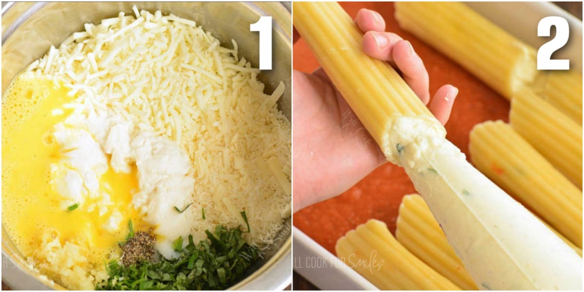 collage of ingredients for manicotti stuffing in a bowl and stuffing the shells.