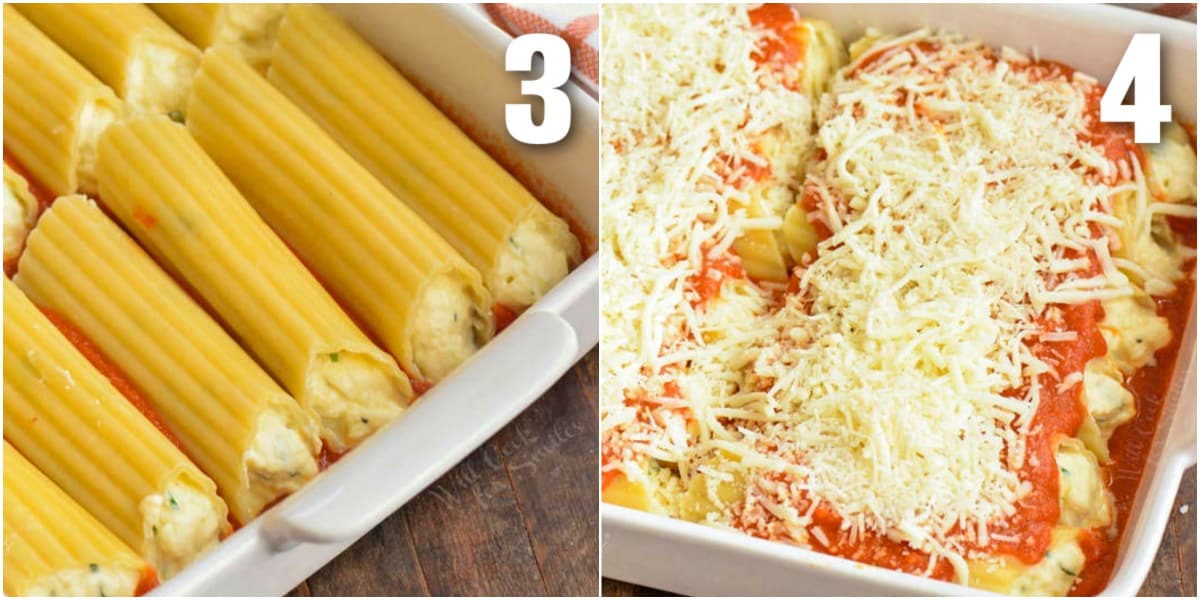 collage of two images of stuffed shells in the pan and shells topped with sauce and cheese.