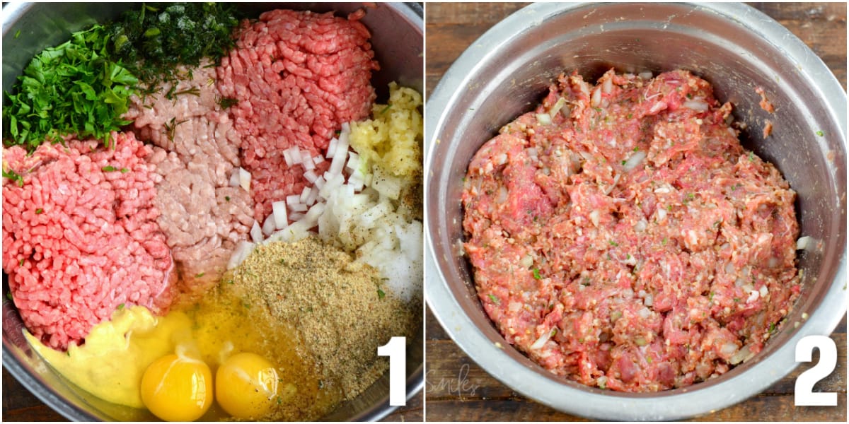 collage of two images of ingredients for meatloaf in the bowl before and after mixing.