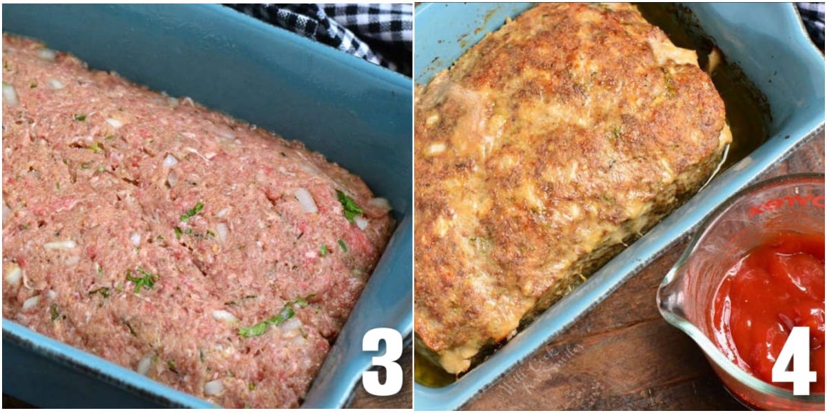 collage of two images of meat mixture spread in the baking pan and then baked.