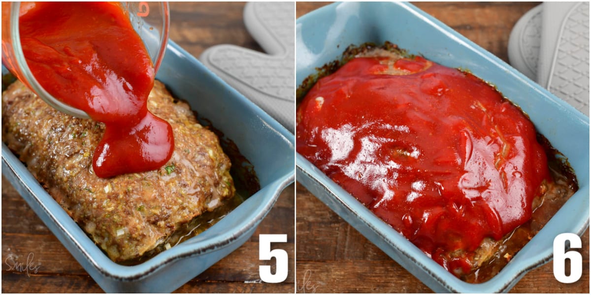 collage of two images of adding ketchup topping and meatloaf baked.
