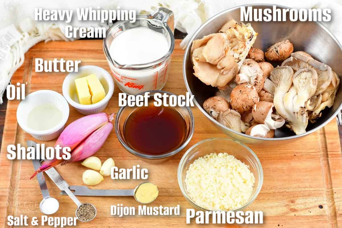 labeled ingredients to make mushroom steak sauce on the cutting board.