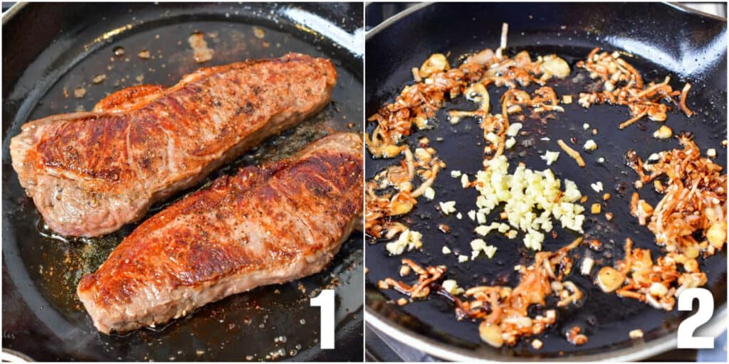 collage of two images of pan searing two steaks and the sautéing onions and garlic.