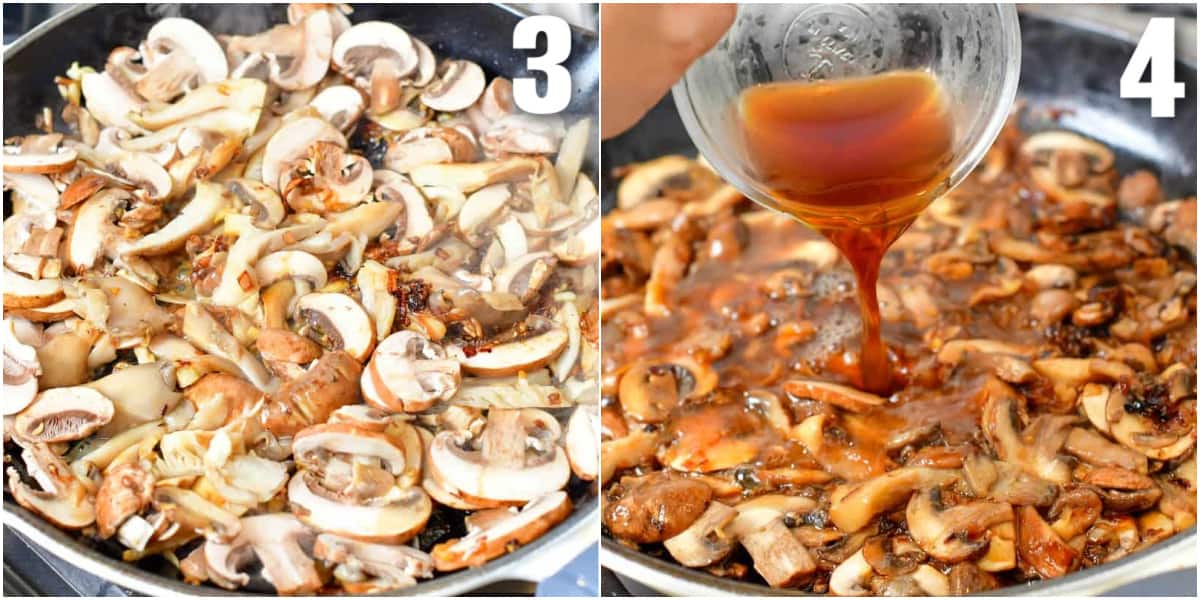 collage of two images of sautéing mushrooms and adding beef stock.