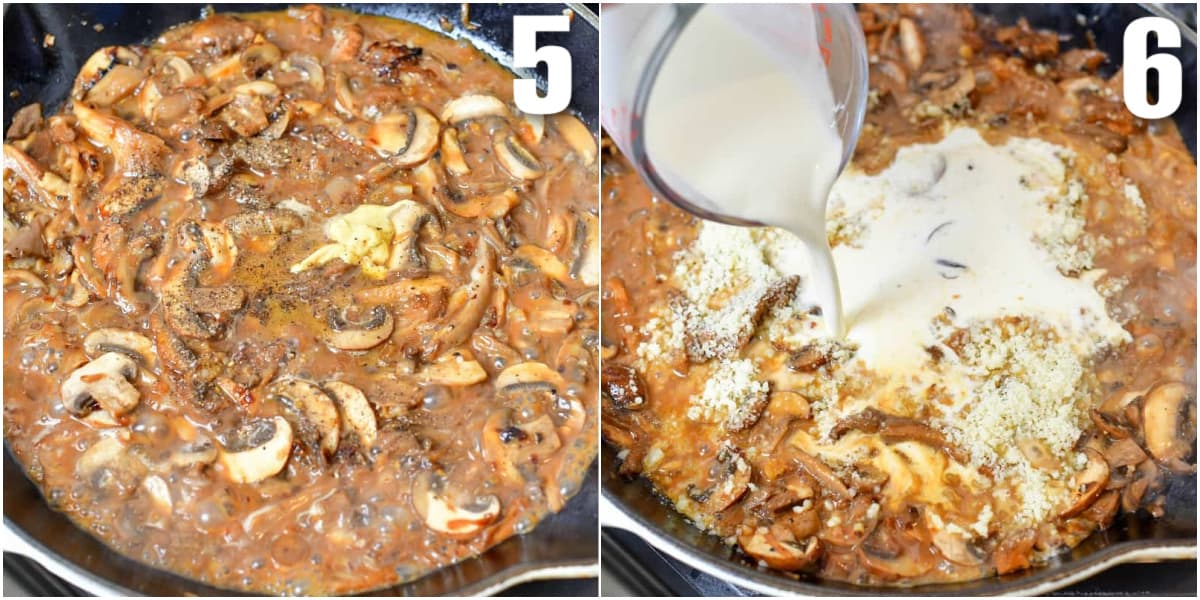 collage of two images of mushrooms cooking in the pan with sauce and adding cream and parmesan cheese.