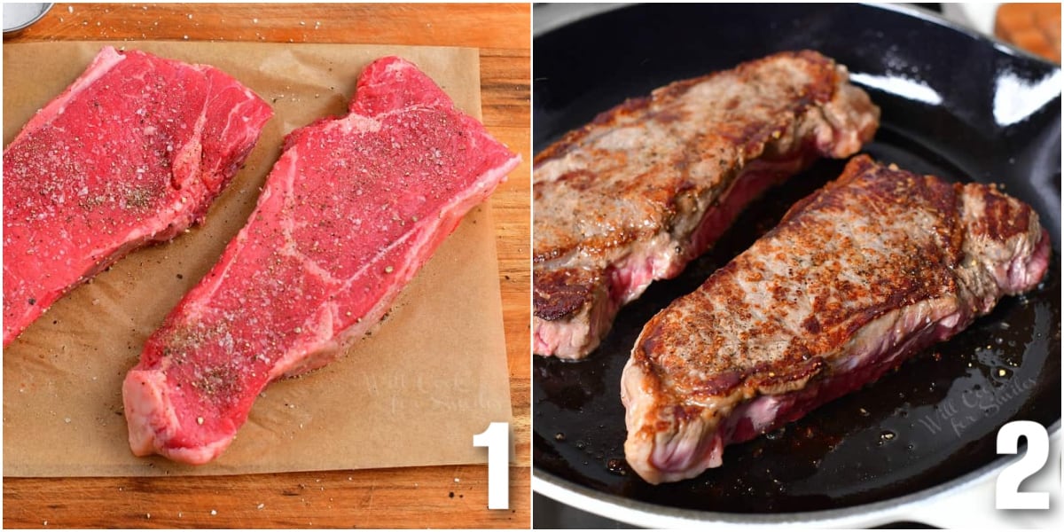 collage of two images of seasoned steaks and steaks searing in the pan.