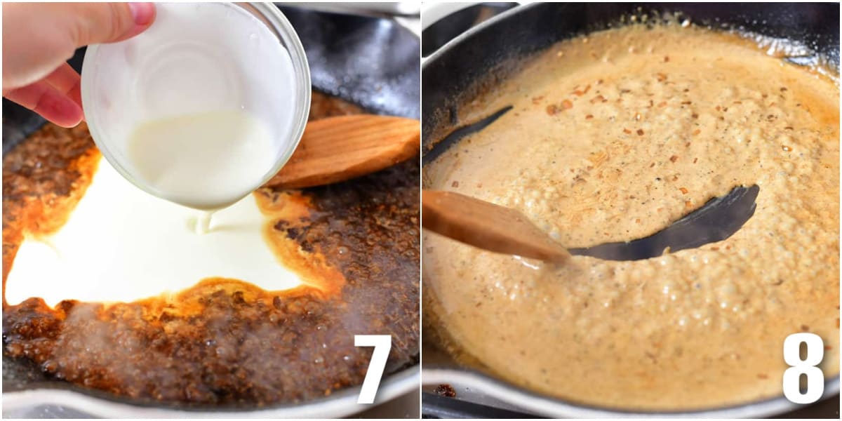 collage of two images of adding cream to the sauce in the pan and simmering the peppercorn sauce.