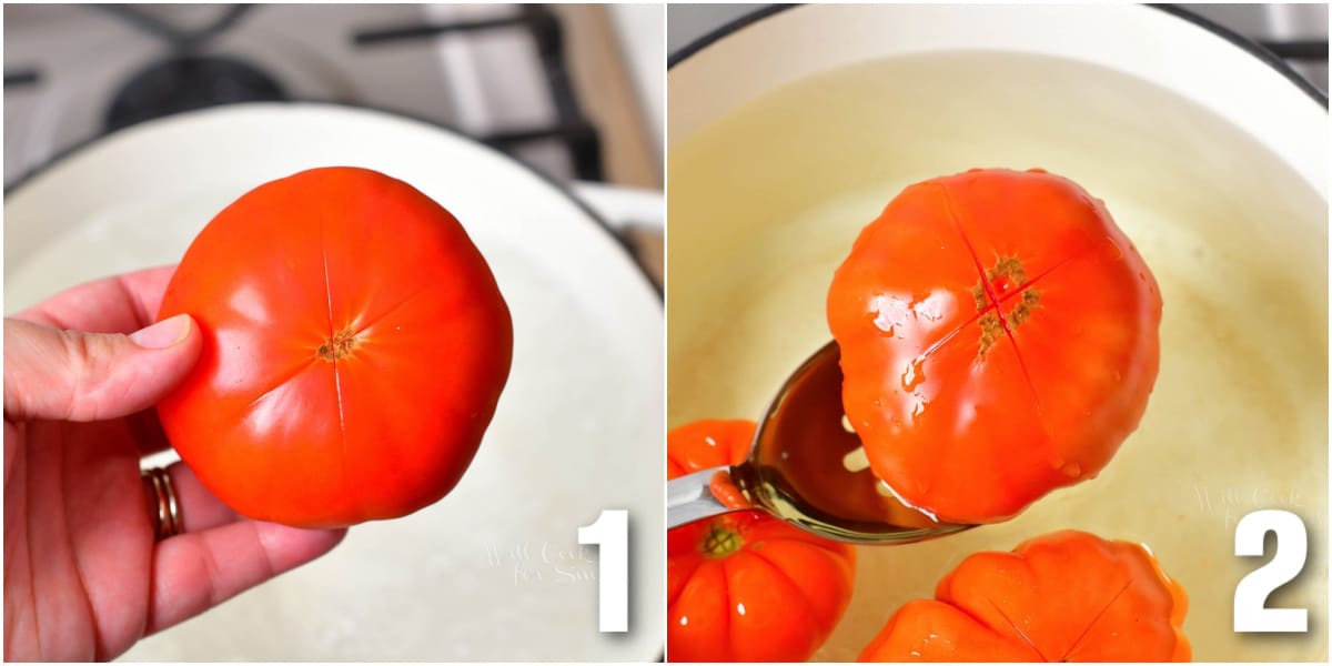 collage of two images of holding a tomato before and after blanching.