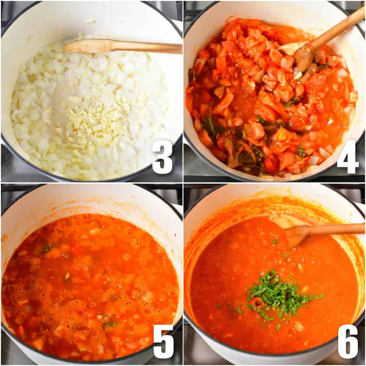 collage of four images or sautéing onions, adding tomatoes, and cooking the sauce.