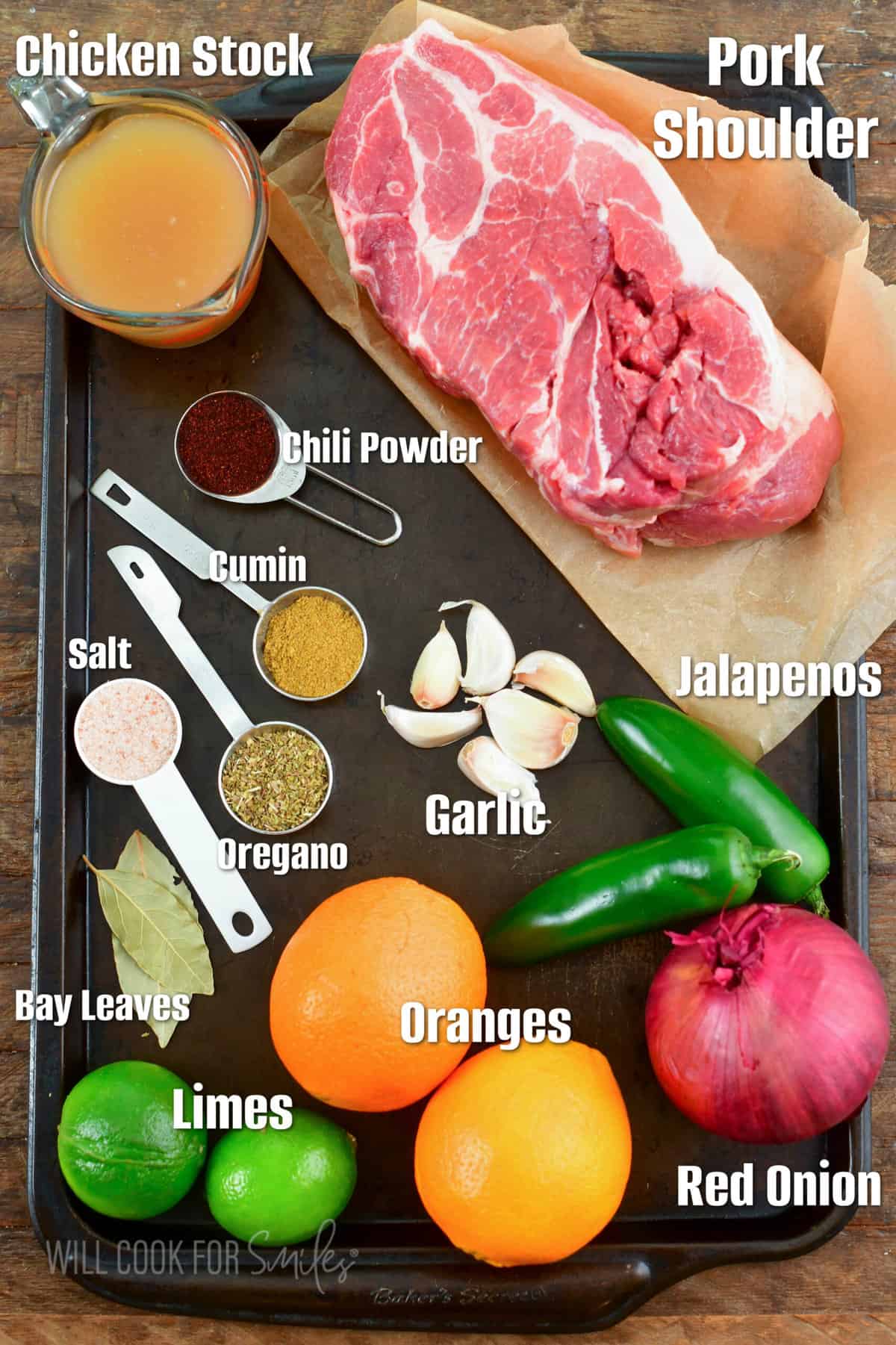 labeled ingredients for making pork for pork carnitas.
