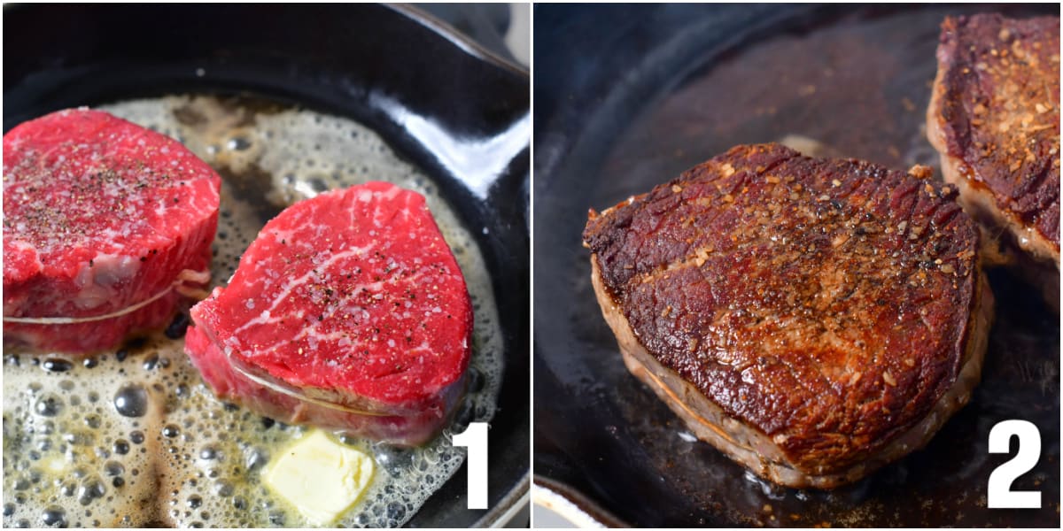 collage of two images of searing filet mignon in a skillet with butter and cooked.