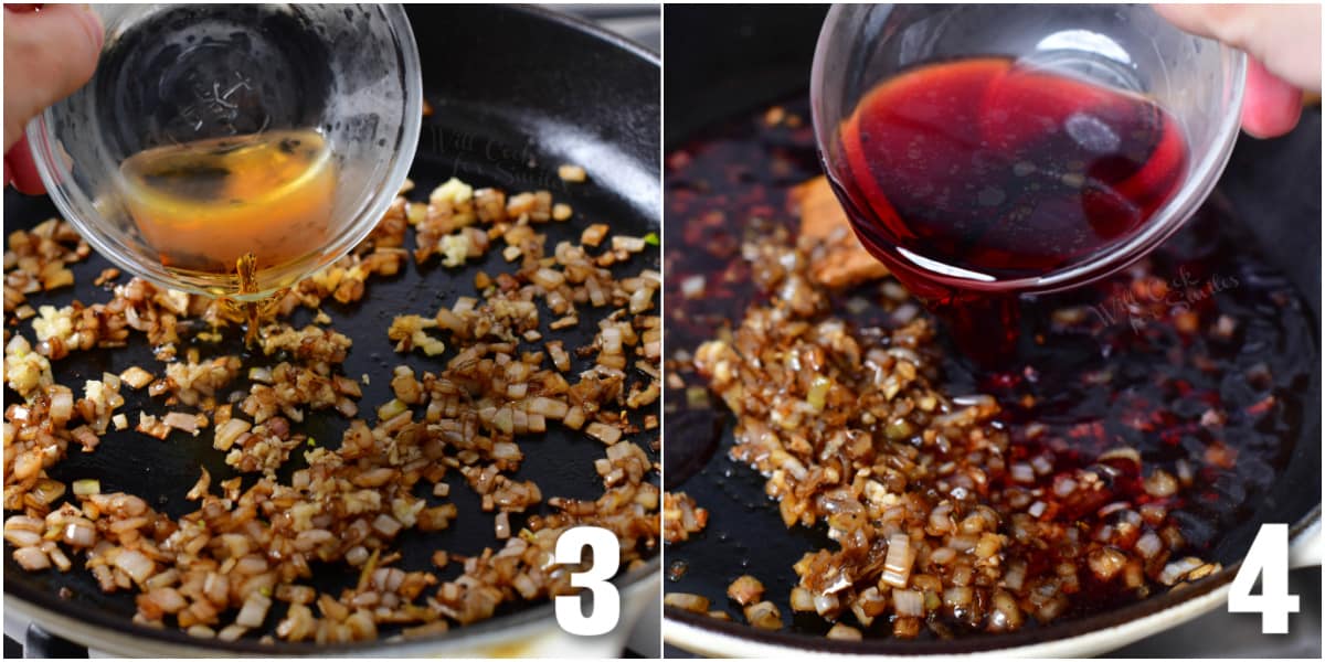 collage of two images of adding cognac and then red wine to the skillet.