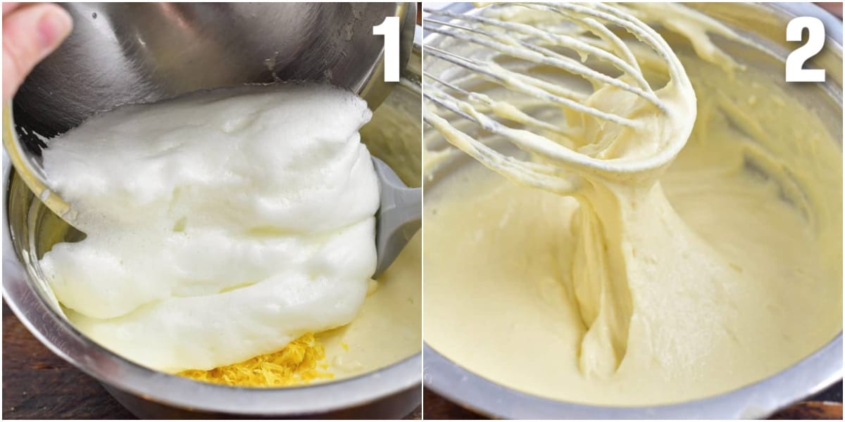 collage of two images of adding whisked egg whites to a bowl and mixing batter.