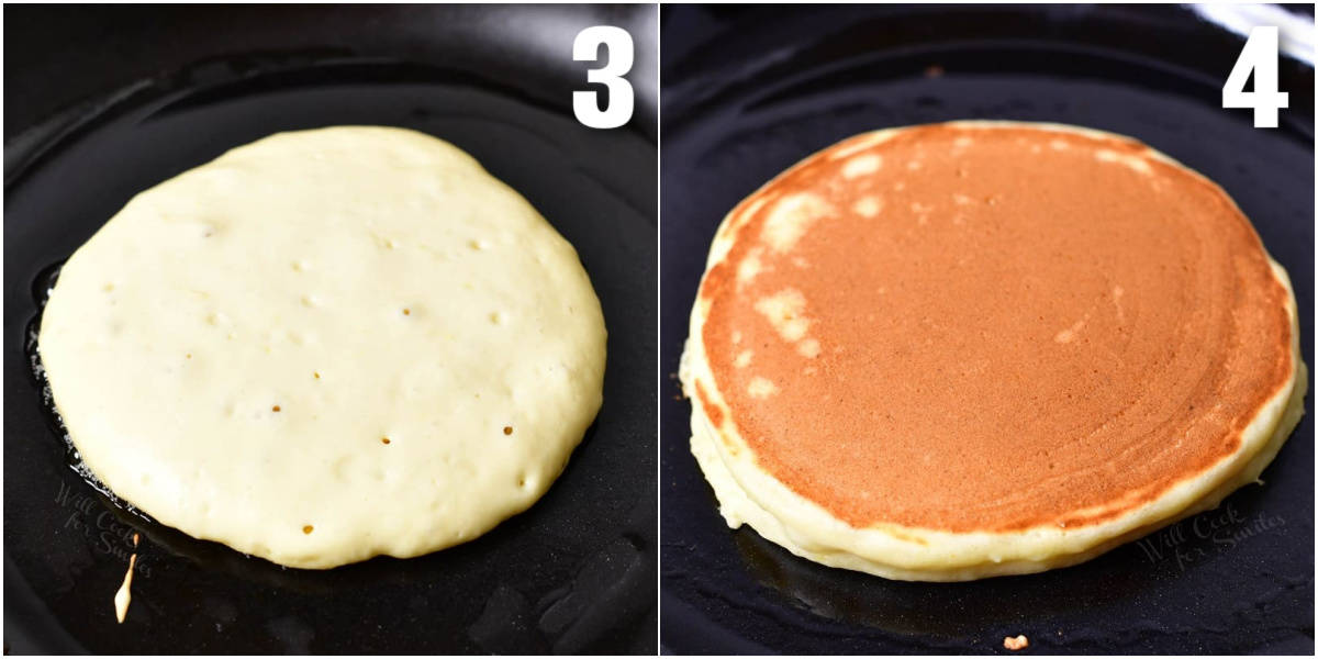 two image collage of a pancake in the pan before and after flipping.