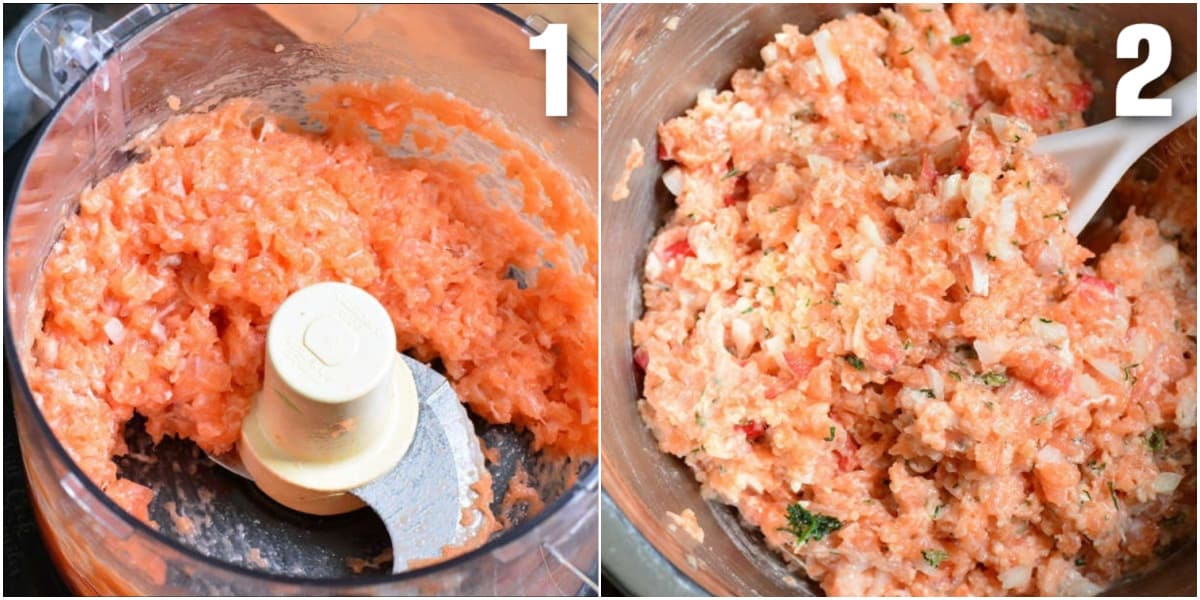 collage of two images of raw salmon in a blender and ingredients mixed in a bowl.