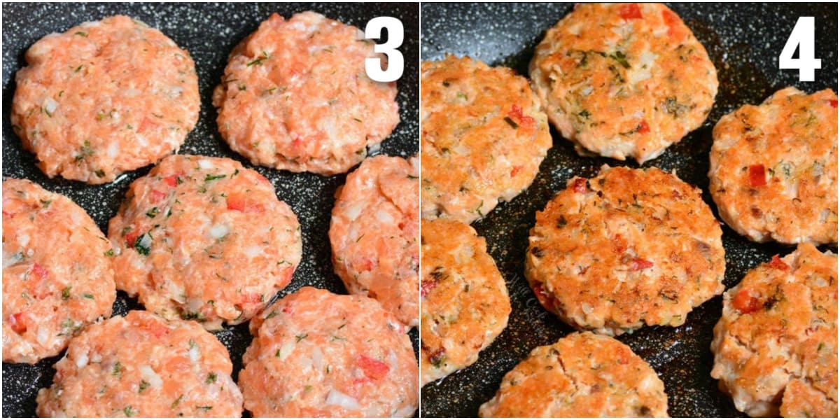 collage of two images of salmon patties cooking before and after.