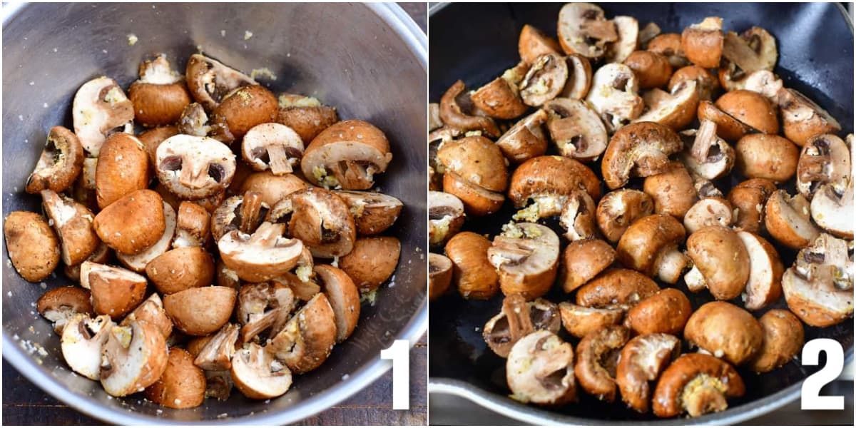collage of two images of mushrooms seasoned in a mixing bowl and in the pan.