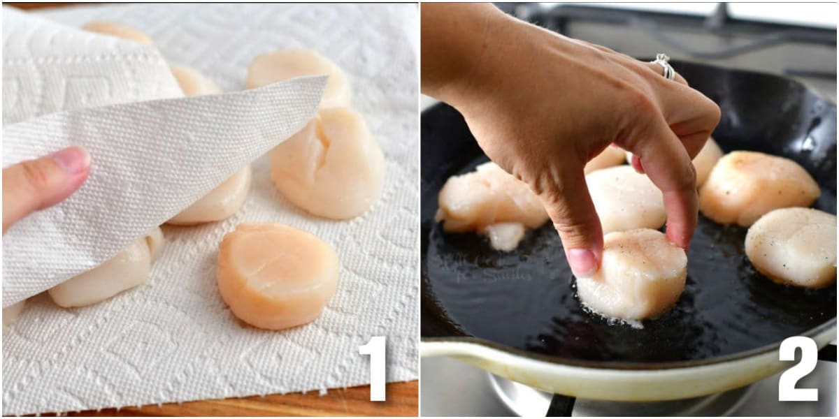 collage of two images of patting down scallops and adding them to the pan with oil.