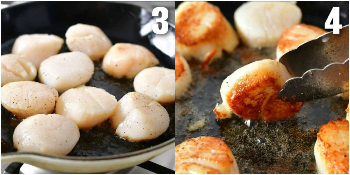 collage of two images of scallops cooking in the skillet and then flipping them.