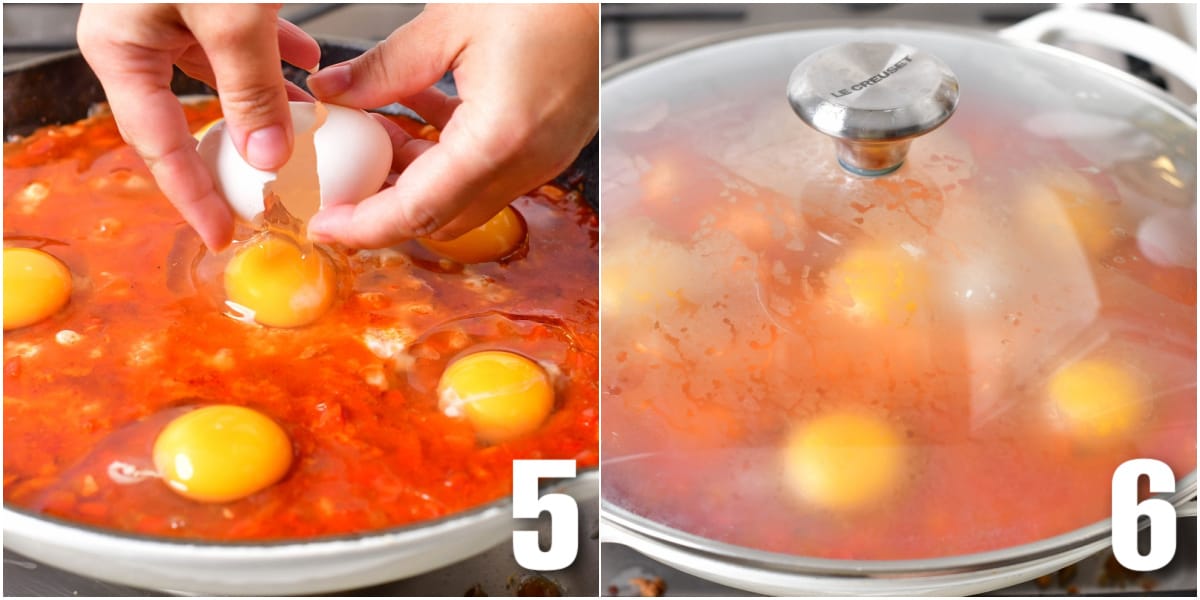 collage of two images of adding eggs to shakshuka and eggs cooking in the pan with lid.