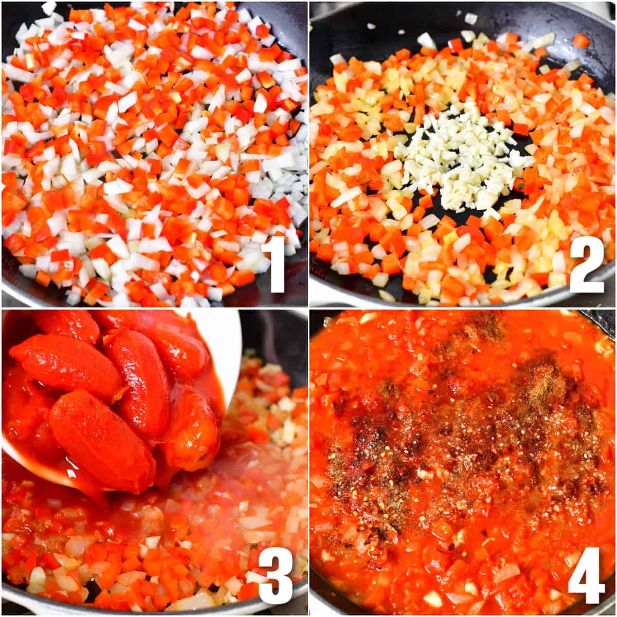 collage of four images of vegetables cooking, adding garlic, adding tomatoes, and then seasoning.