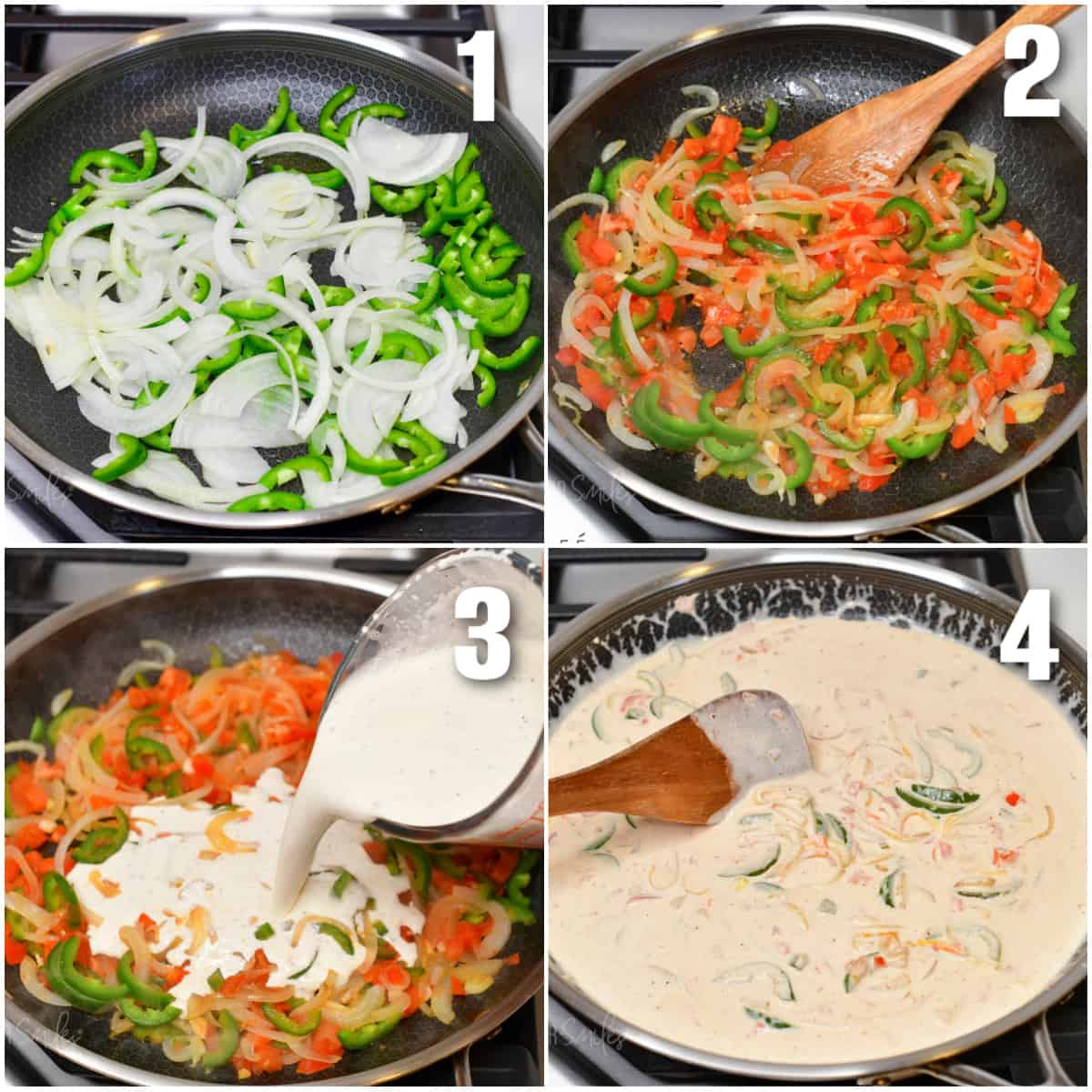 collage of four images of steps to cook veggies and adding cream to make cream sauce.