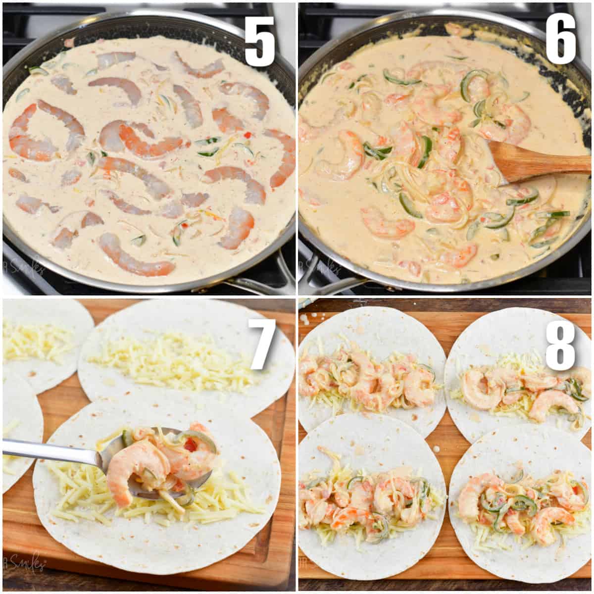 four images in a collage to cook shrimp in cream sauce and then stuff the tortillas for enchiladas.