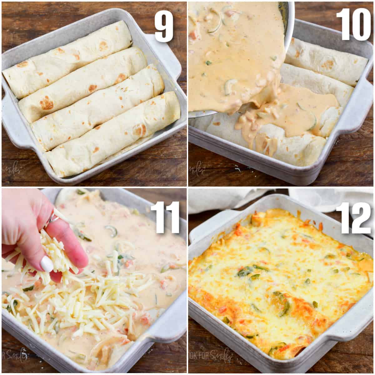 four images in a collage of rolled enchiladas, adding sauce to them, adding cheese, and baked.
