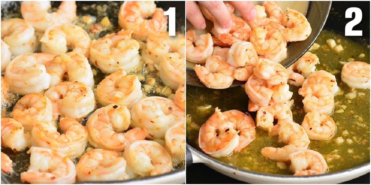 collage of two images of cooking shrimp and then adding them to sauce.
