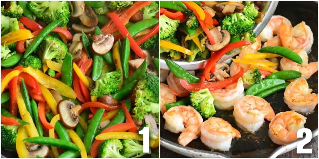 collage of two images of sautéing veggies and adding veggies to cooked shrimp.