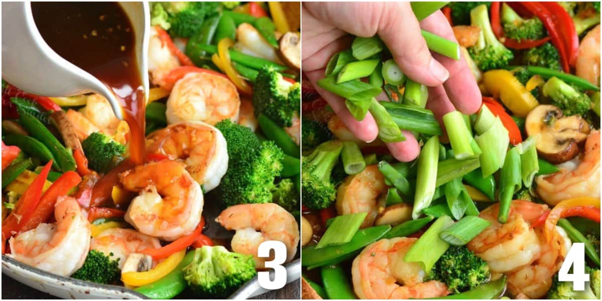 collage of two images of adding stir fry sauce to shrimp and veggies and adding scallions.