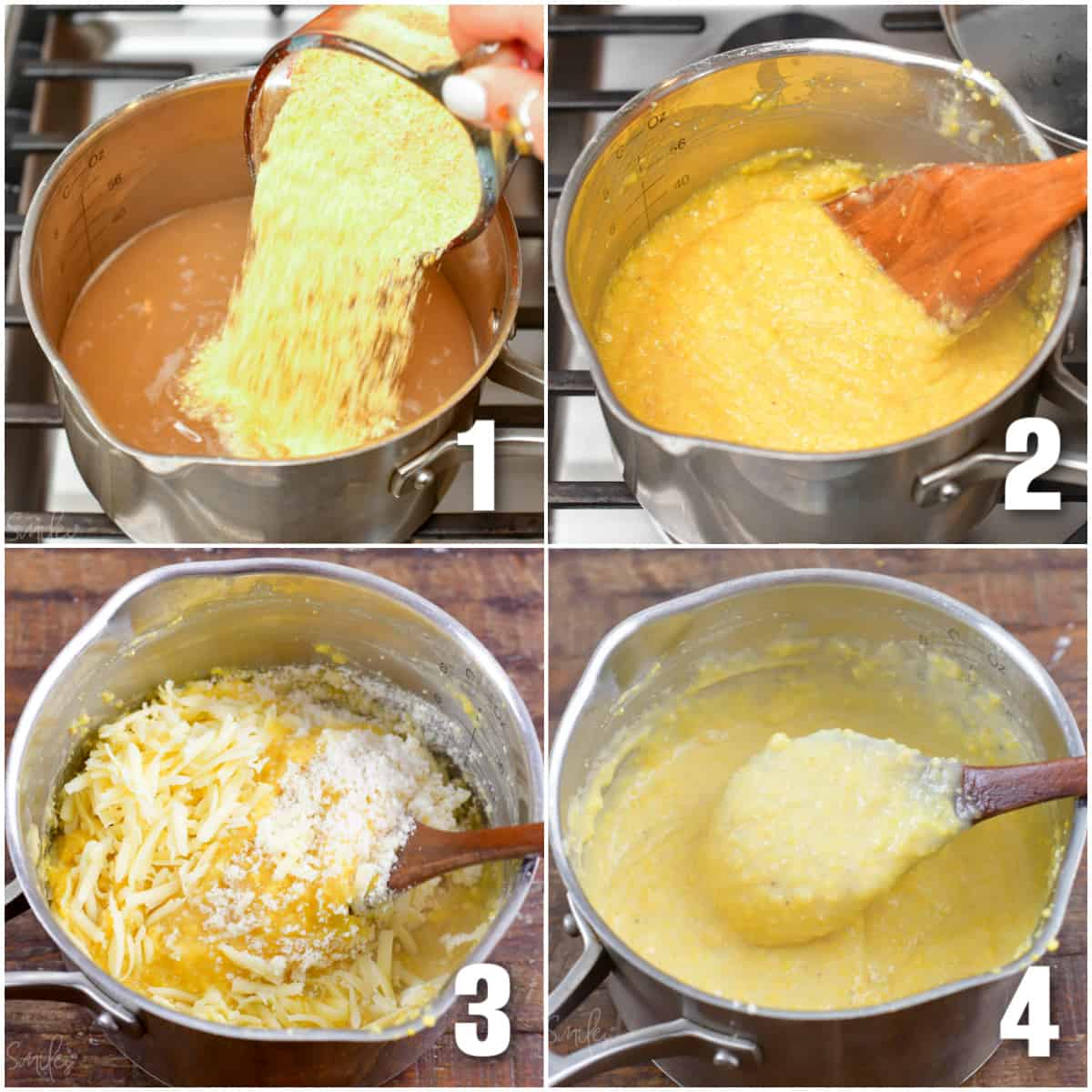 collage of four images showing steps to make grits in a silver bowl and mixing grits and cheese.