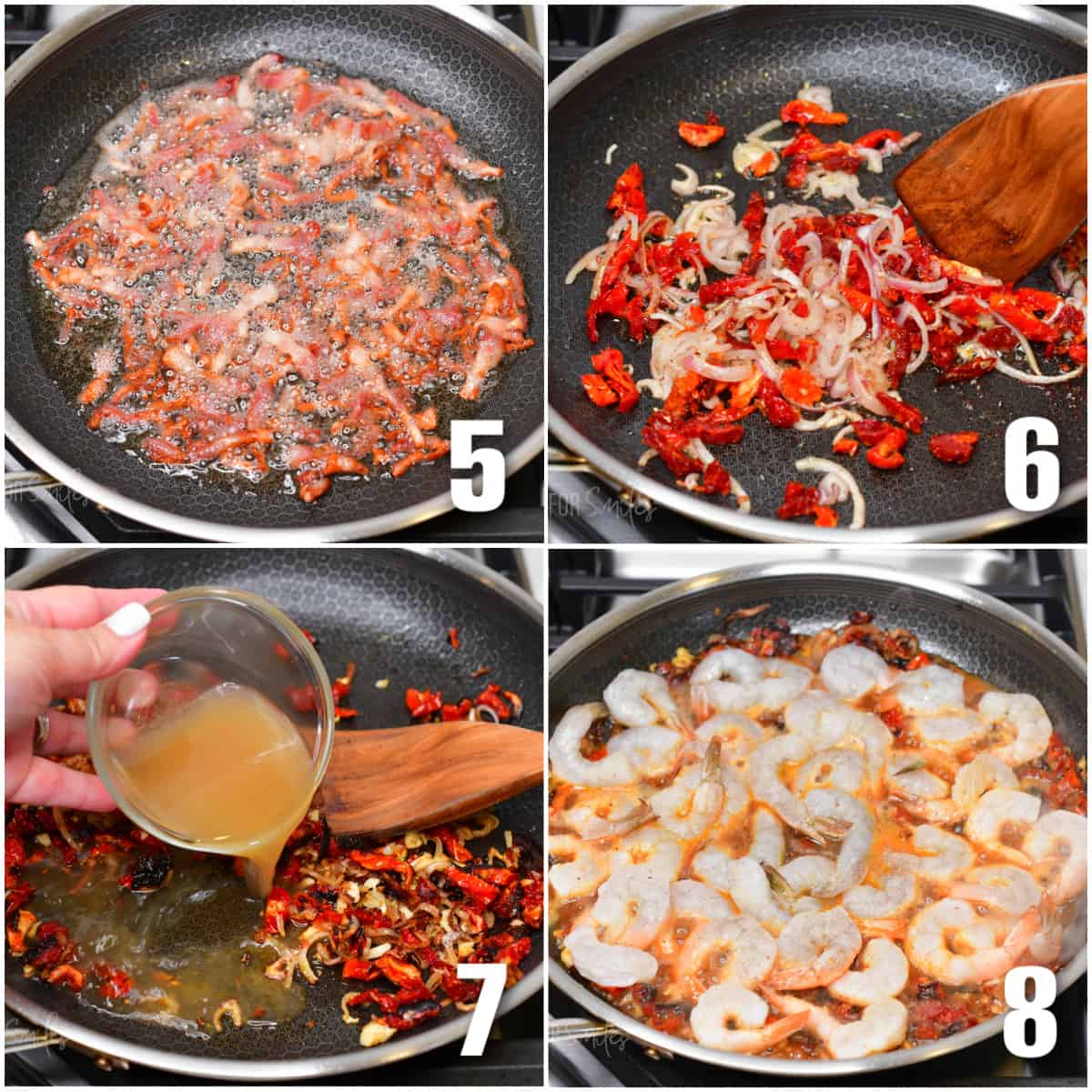 collage of four images of searing bacon then veggies and sauce and cooking shrimp in sauce.
