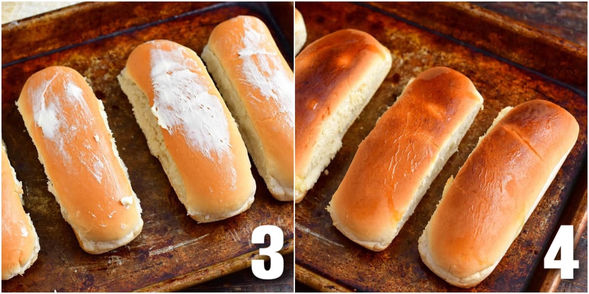 collage of two images of hot dog buns with butter on and toasted.