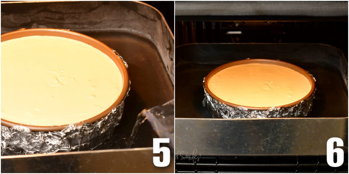 collage of two images of adding water to the roasting pan and cheesecake pan in water bath.