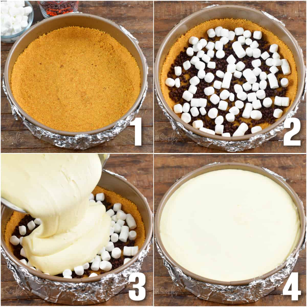 collage of four images to make crust and chocolate and marshmallow layers and adding cheesecake batter.