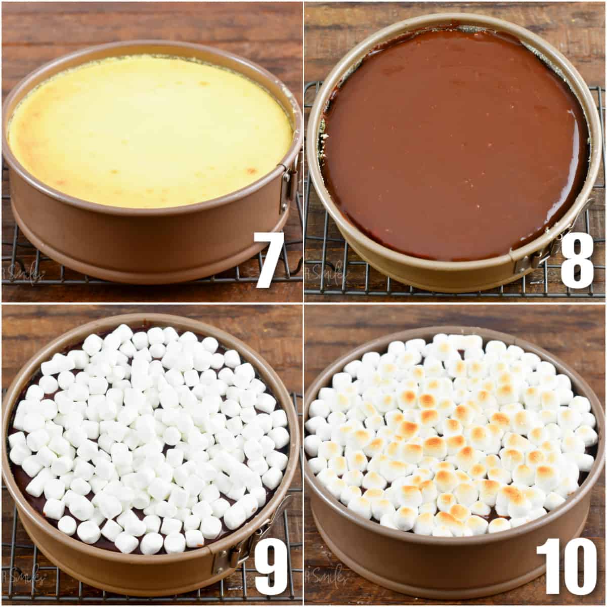collage of four images of baked cheesecake and topping with chocolate and marshmallows.