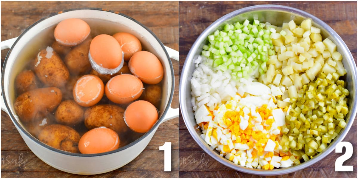collage of two images of boiled potatoes and eggs and ingredients in the bowl.