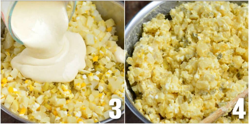 collage of two images of adding dressing to potato salad and mixing.