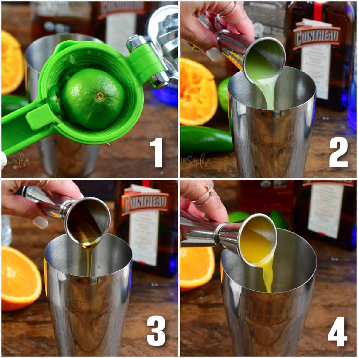 collage of four images of pressing lime juice and adding juice and agave nectar to the mixer.